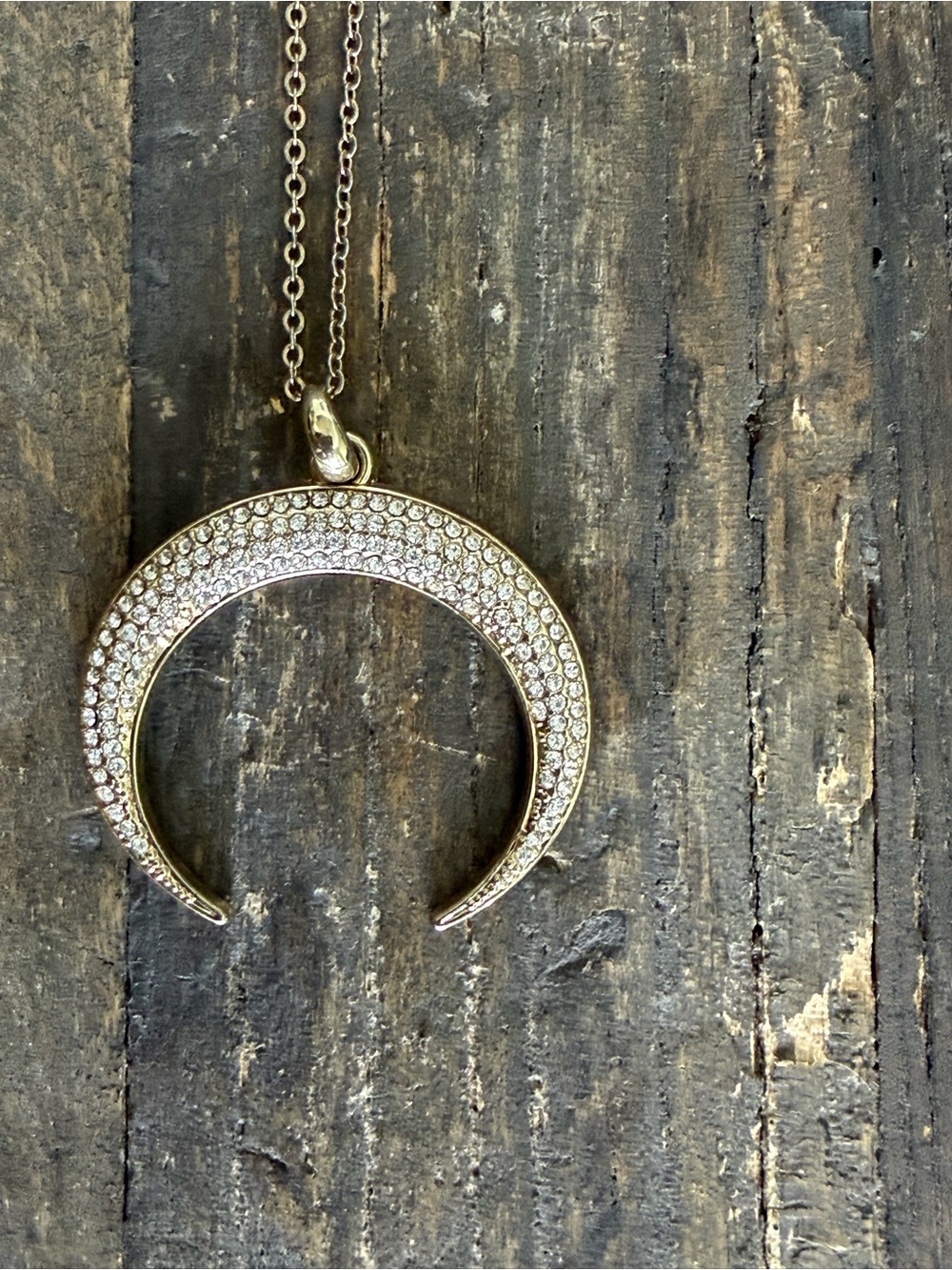 White House Black Market Gold Crescent Moon Crystal Pendant Necklace - Gold Tone